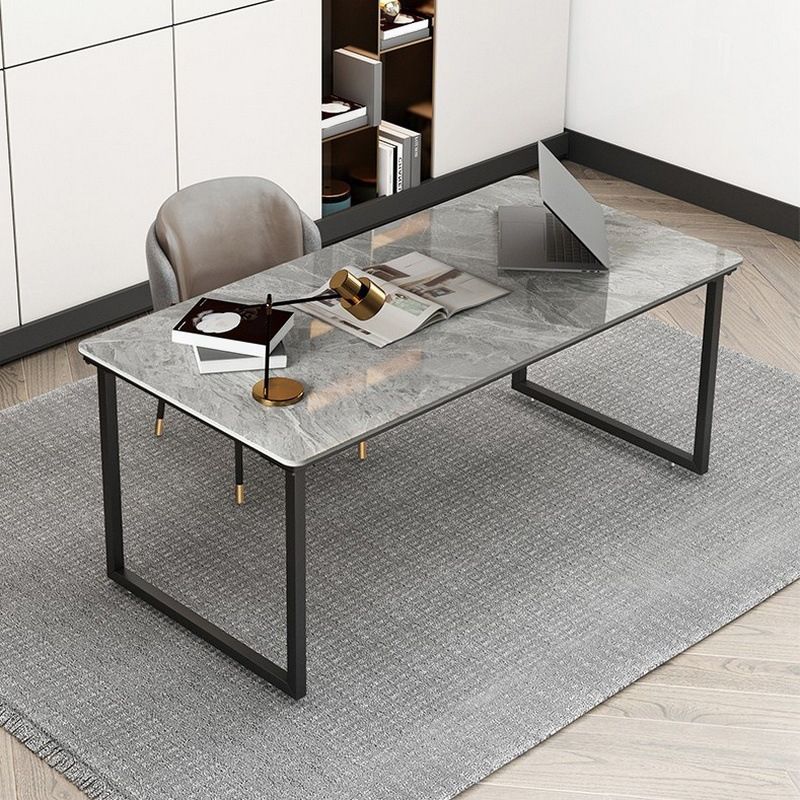 Modern Style Slate Table with Rectangular Black Metal Sleigh Base Coffee Table