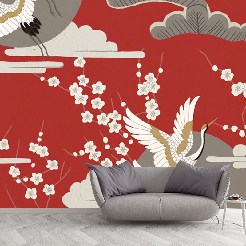 Halcyon and Tower Print Mural Japanese Non-Woven Fabric Wall Decor in Beige on Red
