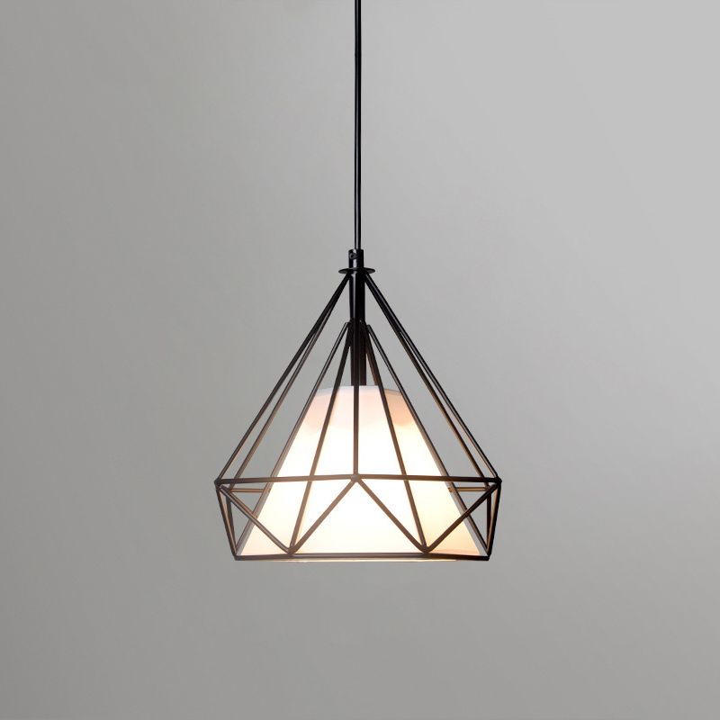 Lámpara de cuello de techo de diamantes de loft 1 cabeza de colgante de hierro de cabeza en negro/blanco/verde con tono de tela de cono en el interior