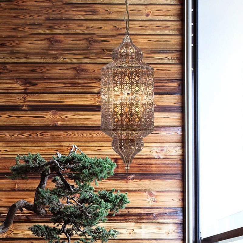 Brass Finish 1 Bulb Pendant Antiqued Metallic Lantern Hanging Light Fixture for Restaurant