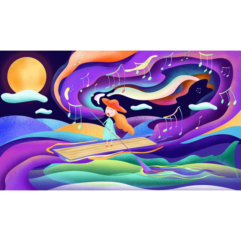 Purple Kids Wall Paper Mural Full Size Girl Singing in Boat at Night Wall Art for Bedroom
