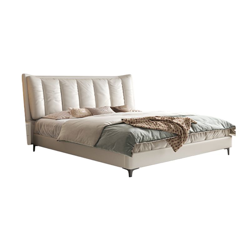Modern White Panel Bed Wood and Upholstered Bed Frame, 42.5" Tall