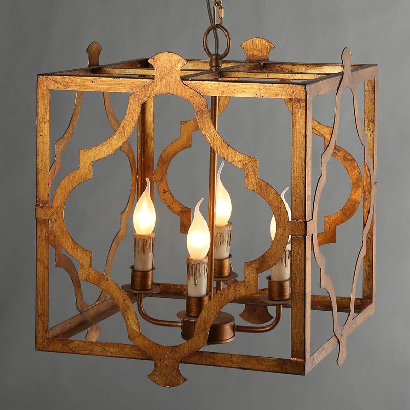 Antiqued Cube Cage Ceiling Chandelier 4 Lights Metal Candelabra Hanging Light Fixture in Brown