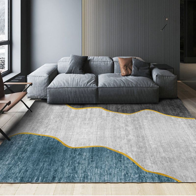 Blue Tone Nordic Indoor Rug Polyester Abstract Print Carpet Non-Slip Backing Rug for Living Room