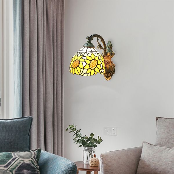 Yellow Sunflower Wall Sconce Light Lodge Style Stained Glass 1 Light Wall Lighting for Bedroom