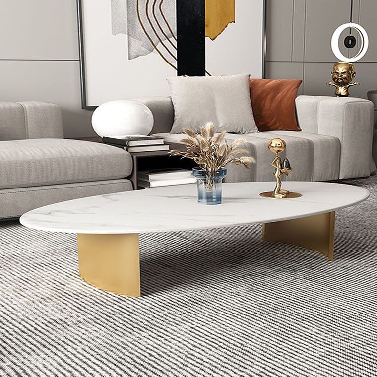 Glam Oval Slate Top Coffee Table Steel 2 Legs Cocktail Table
