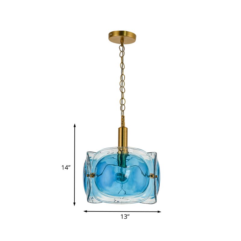 1 Bulb Restaurant Ceiling Lighting Modernist Brass Pendant Lamp Kit with 3-Panel Blue Water Glass Shade