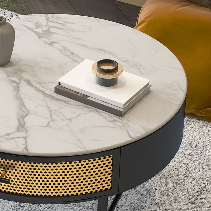 Glam 17.7" H Round Slate Coffee Table Iron 4 Legs Cocktail Table with Drawer