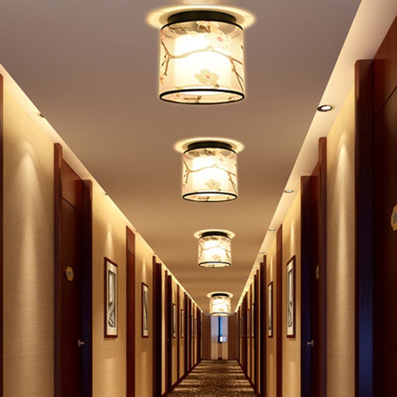 Plafonnier encastré de 8 pouces de large, plafonnier de style asiatique avec abat-jour en tissu pour le salon