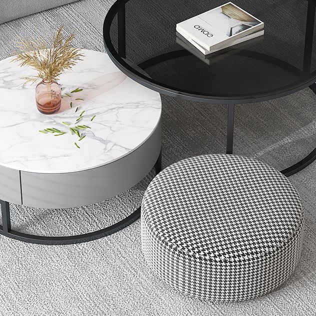 Modern Round Glass & Slate Coffee Table Set Frame Cocktail Table with Drawer