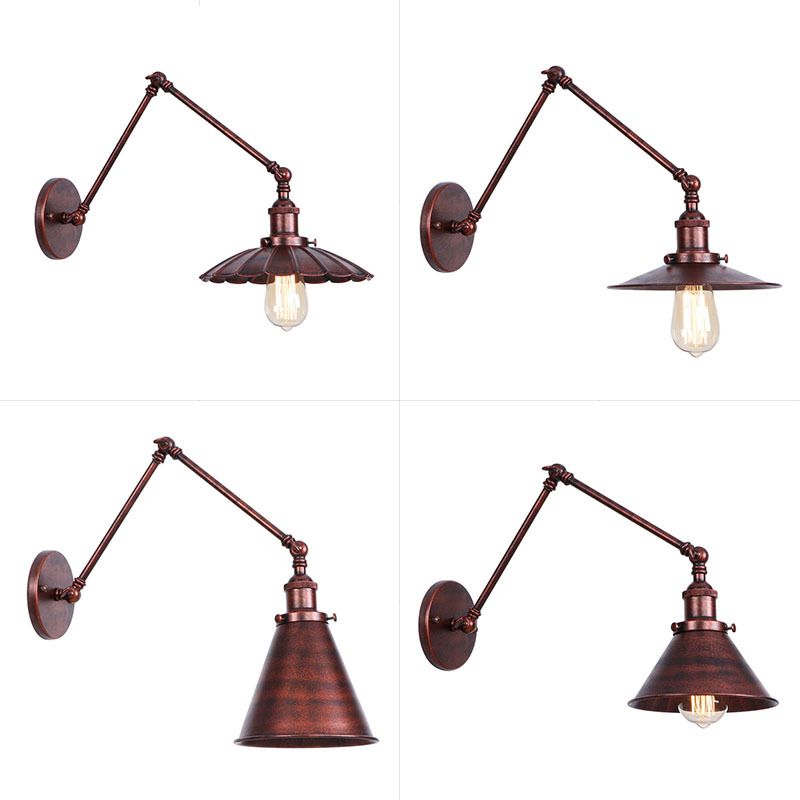 Rust Scalloped/Horn/Cone Wall Sconce Loft 1 Head Workshop Wall Mounted Reading Light with 6"/8" Long Swing Arm