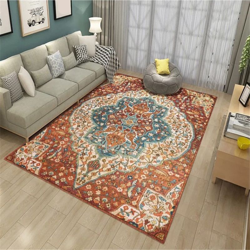 Persian Living Room Rug Multi Colored Geometric Carpet Polyester Pet Friendly Stain Resistant Anti-Slip Backing Rug with Braided Trim