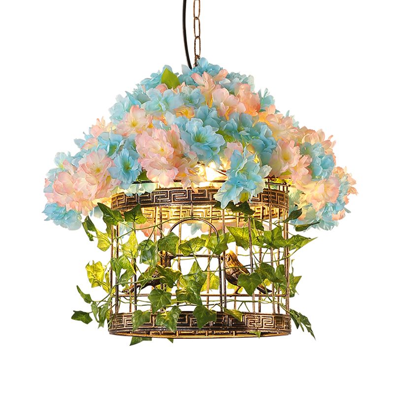 Bronze 1 Bulb Hanging Light Industrial Iron Birdcage Flower Suspended Lighting Fixture for Restaurant