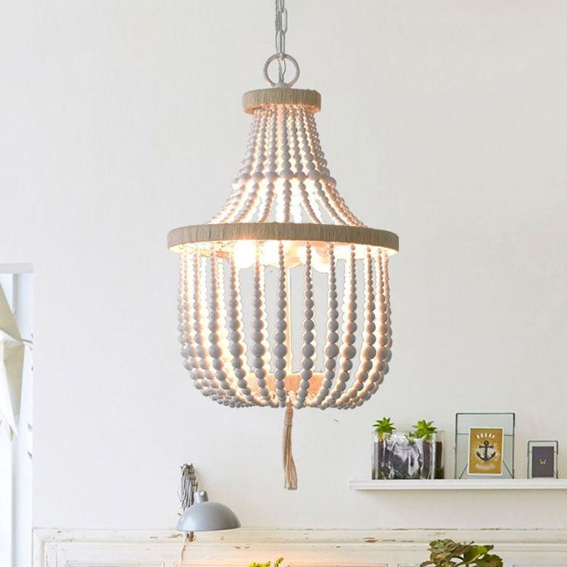 Rural Beaded Basket Chandelier Lamp 2-Head Wood Pendant Light Fixture for Restaurant