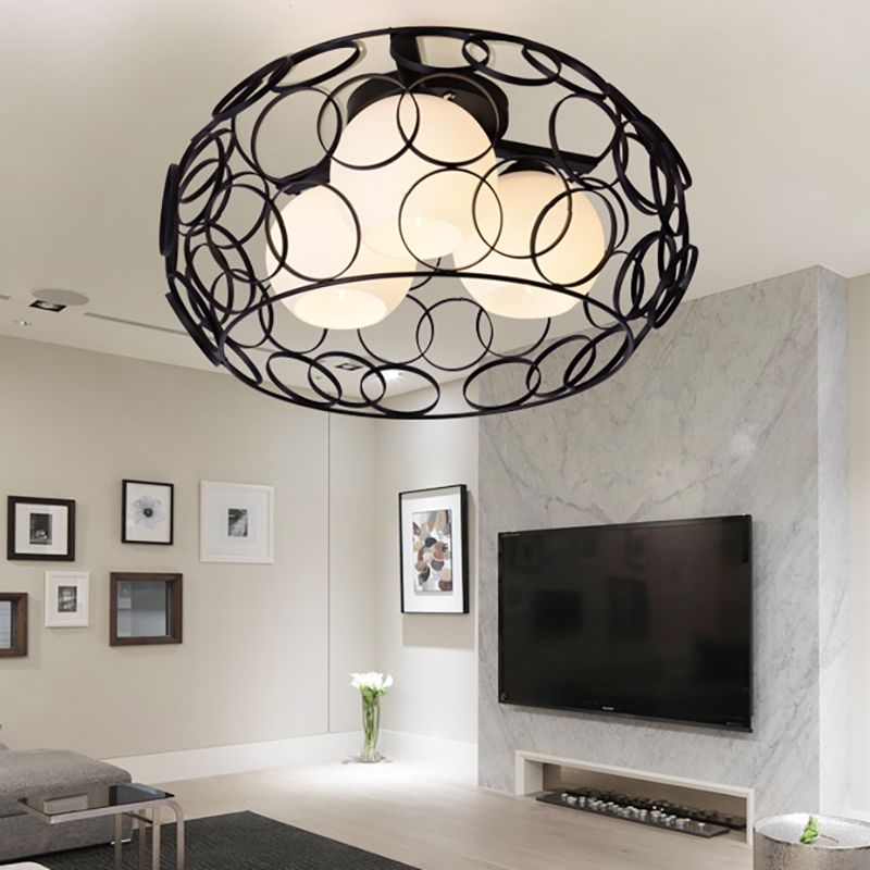 Drum ijzeren kooi inbouw plafondlamp met glazen bolkap Scandinavisch wit/zwart eetkamer plafondlamp