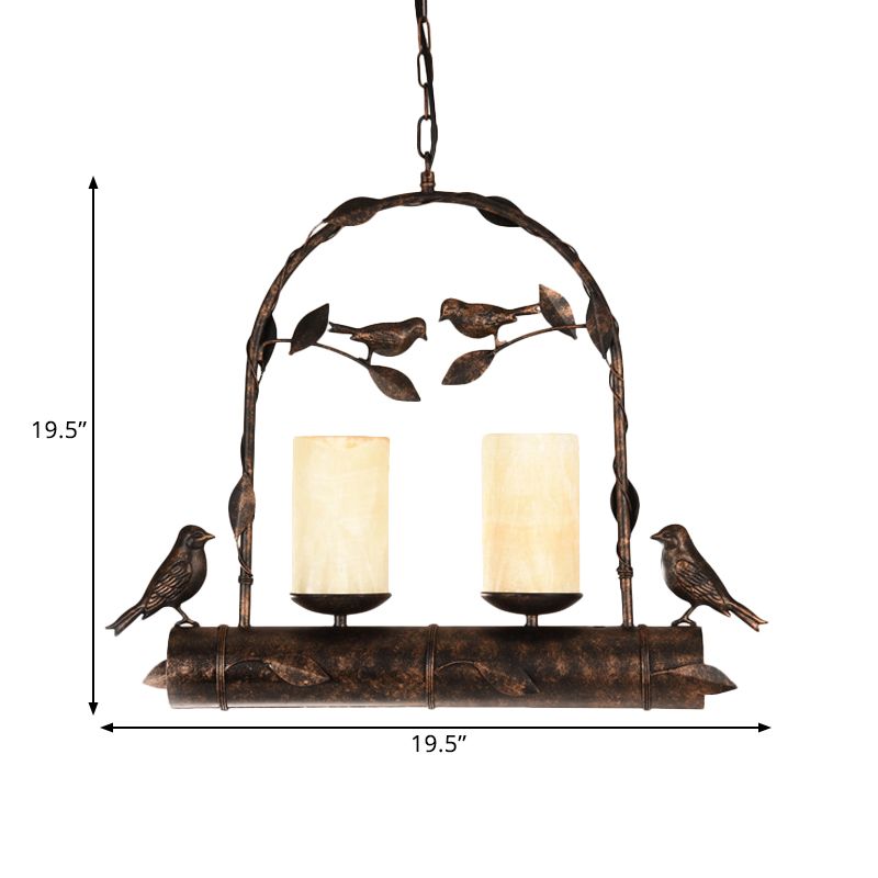 2 lumières Pendante lustre vintage Bird Cage Metal Hanging Lamp Kit avec cylindre Opal Glass Shade in Antique Black