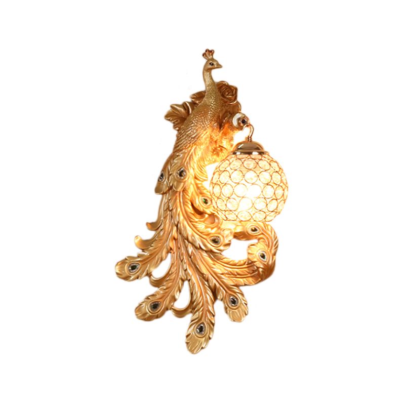 1 Light Blue/Gold Peacock Wall Lamp Country Resin 1/2-Pack Sconce Lighting with Crystal Globe Shade, Double/Right/Left