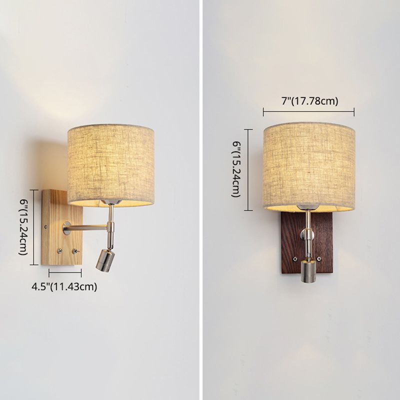 Cylinder Fabric Shade Bedside Reading Wall Light 2-Lights Wooden Simplicity Wall Sconce
