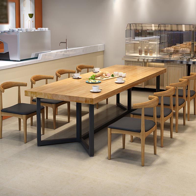 Black Metal Trestle Base Dining Table Rectangle Solid Wood Top Kitchen Dining Table