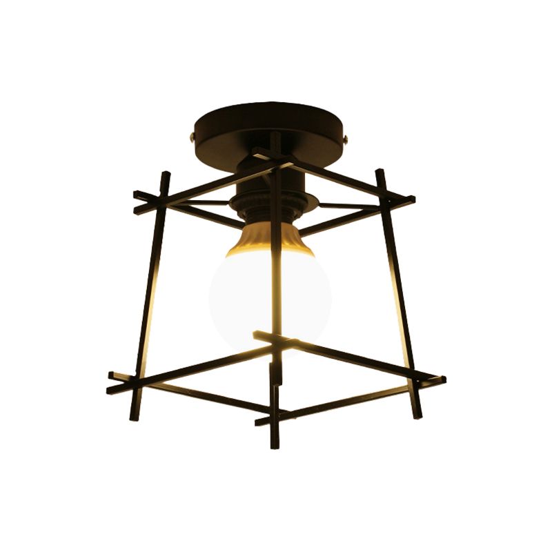 Black Finish Frame Flush Lighting Modern 1 Bulb Iron Flush Mount Ceiling Lamp with Circle Metal/Wood Canopy
