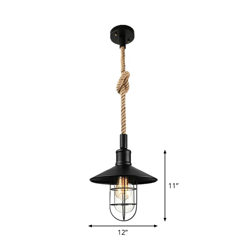 Barn/Bowl/Saucer Iron Suspension Light Farmhouse Single Dining Room Ceiling Pendant in Black with Hemp Rope Cord