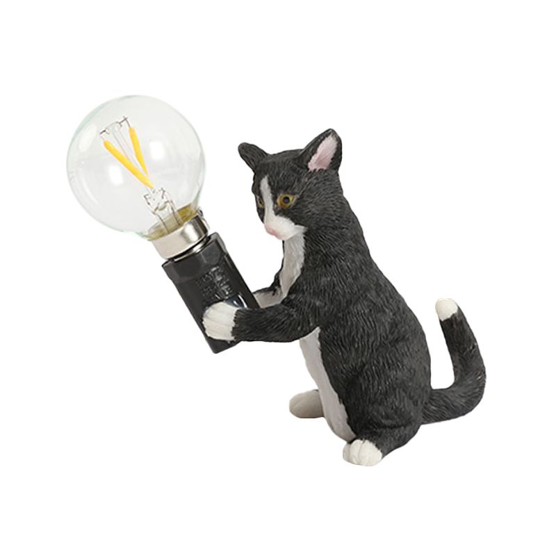 Tabby Cat Holder Table Lamp Kids Iron 1 Bulb Black/Yellow/Blue Nightstand Light with Bare Bulb Design