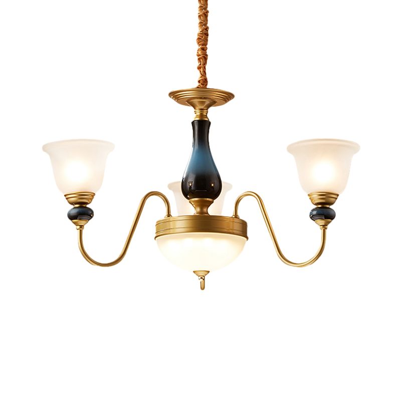 3/5/6 Lights Floral Shade Pendant Chandelier Countryside Style Brass Cream Glass Suspension Lamp