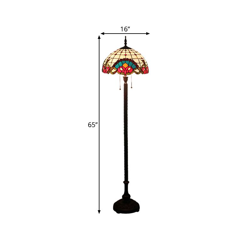 2 Bulbs Standing Light Baroque Dome Shaped Hand Cut Glass Reading Floor Lamp in Black with Pull Chain