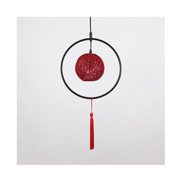 Asian Style Ball Pendant Lamp Woven Rattan 1 Bulb Hanging Light in Beige/Blue/Red with Tassels