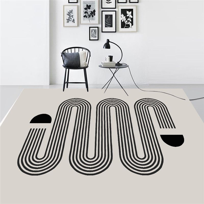 White Tone Bold Area Rug Polyester Abstract Pattern Carpet Non-Slip Backing Rug for Home Decoration