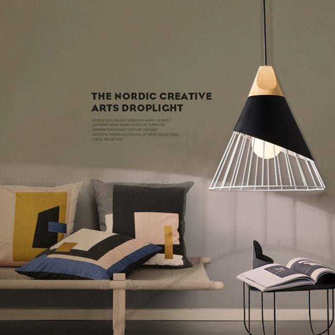 Metal Tapered Hanging Light Nordic Modern 1 Light Restaurant Ceiling Pendant Lamp with Wooden Top