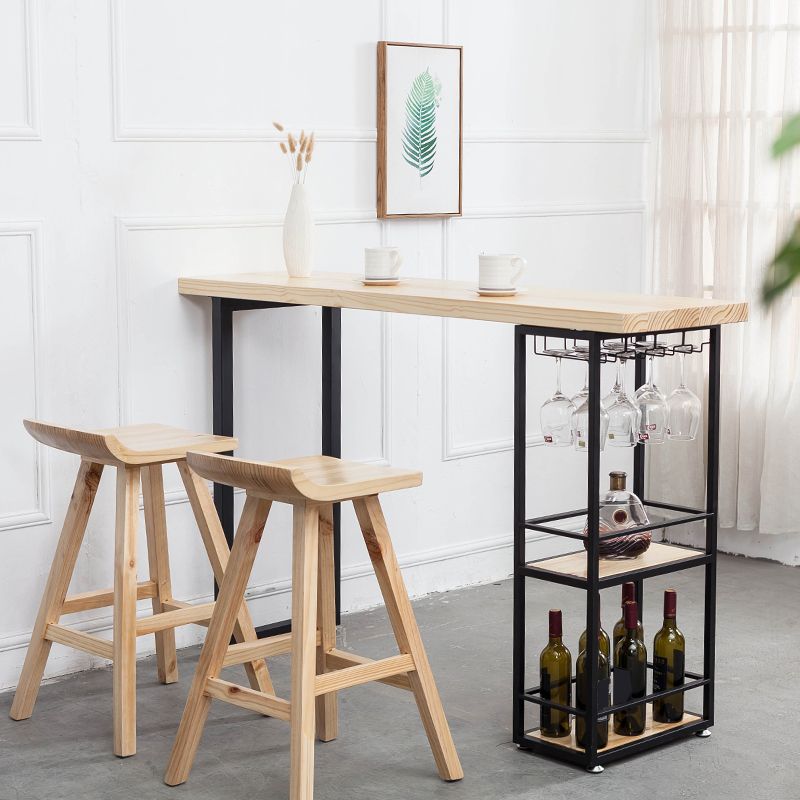 Natural Rectangle Bar Dining Table Pedestal Solid Wood Bar Height Table with Shelves