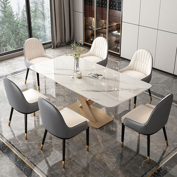 Luxury Sintered Stone Top Dining Table Rectangle Table with Gold Metal Pedestal for Restaurant