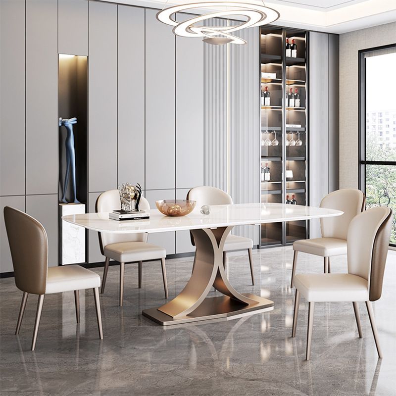 Stone Glam Rectangle Dining Table White Top Pedestal Table for Home