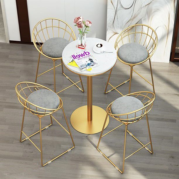 1/5 Pieces Glam Round Bar Table Set Bistro Set with White Faux Marble Top