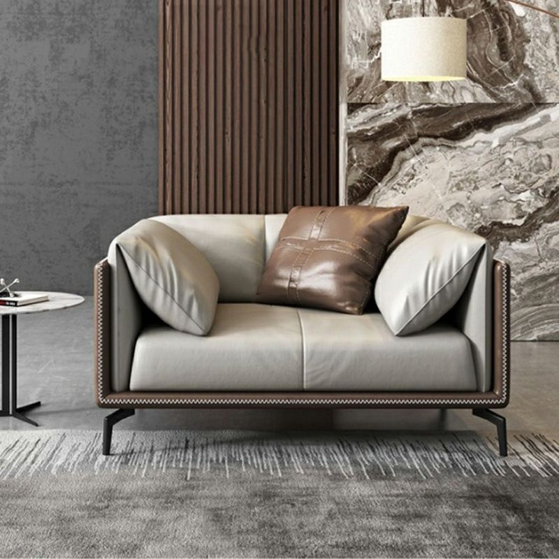 Standard Square Arm Loveseat Grey Loose Back Leather Bench Seating
