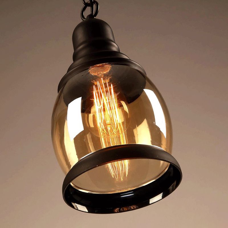 Black Single Pendant Light in Industrial Vintage Style Wrought Iron Hanging Lamp with Glass Shade