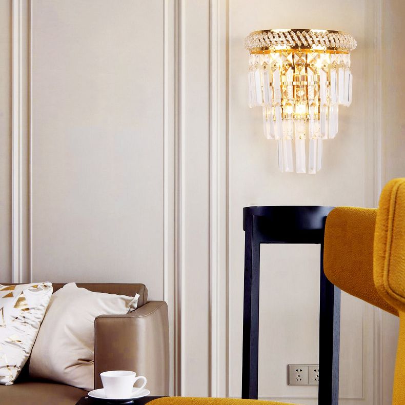 Modern Luxury Stagger Wall Lamp Electroplate Metal 3-Light Wall Sconce with Crystal Shade