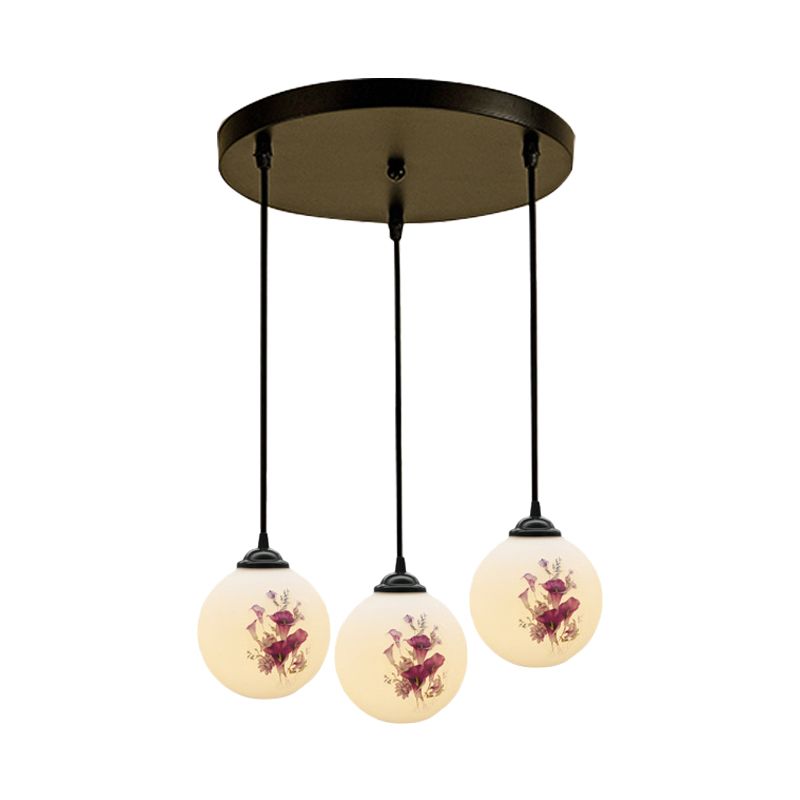 3 Heads Orb Multi-Pendant Modernism Black Finish White Frosted Glass Hanging Light Kit with Flower Pattern and Round/Linear Canopy