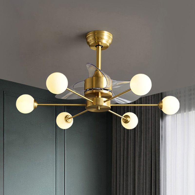 34" W Opaline Glass Ball Semi Flush Mount Lighting Postmodern Brass Remote Control Ceiling Fan Light with 3 Blades