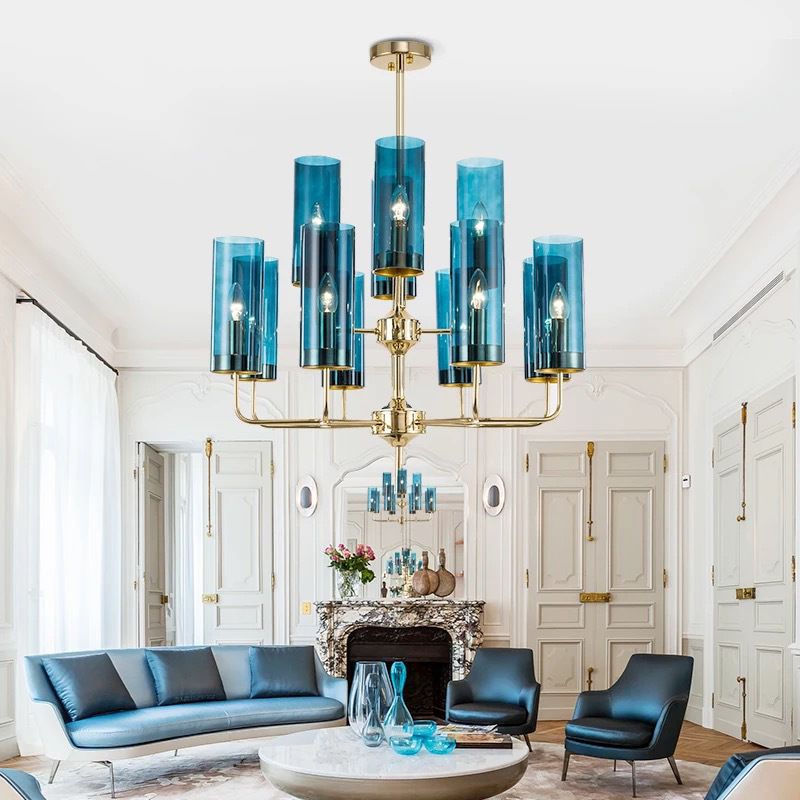 Post-Modern Metal Hanging Chandelier Light Cylindrical Glass Shade Ceiling Chandelier in Gold for Living Room