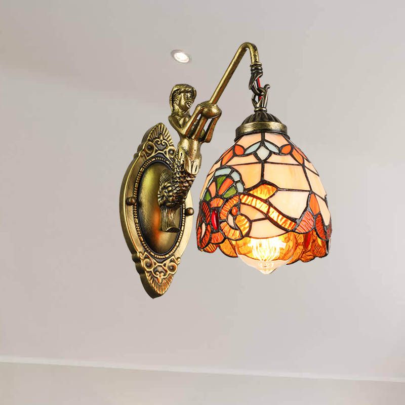 Vintage Dome Sconce Light 5.5" Width 1 Light Stained Glass Sconce Light Fixture with Mermaid Design