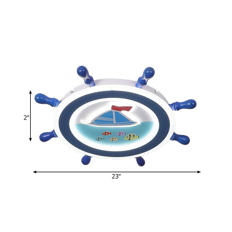 Nautical Rudder Flush Mount Pendant Fixture Acrylic LED Bedroom Ceiling Lighting with Sailboat Pattern in Blue and White