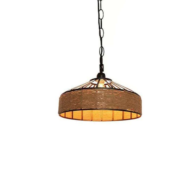 Rope Drum Pendant Light Fixture Warehouse-Style Restaurant Hanging Light Kit in Beige