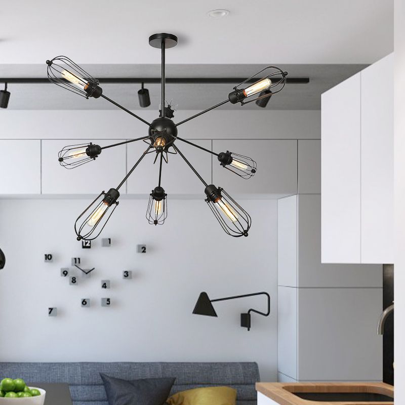 Metal Bulb Cage Chandelier Lighting Fixture Warehouse Style 9/12/15 Heads Black Hanging Lamp for Living Room