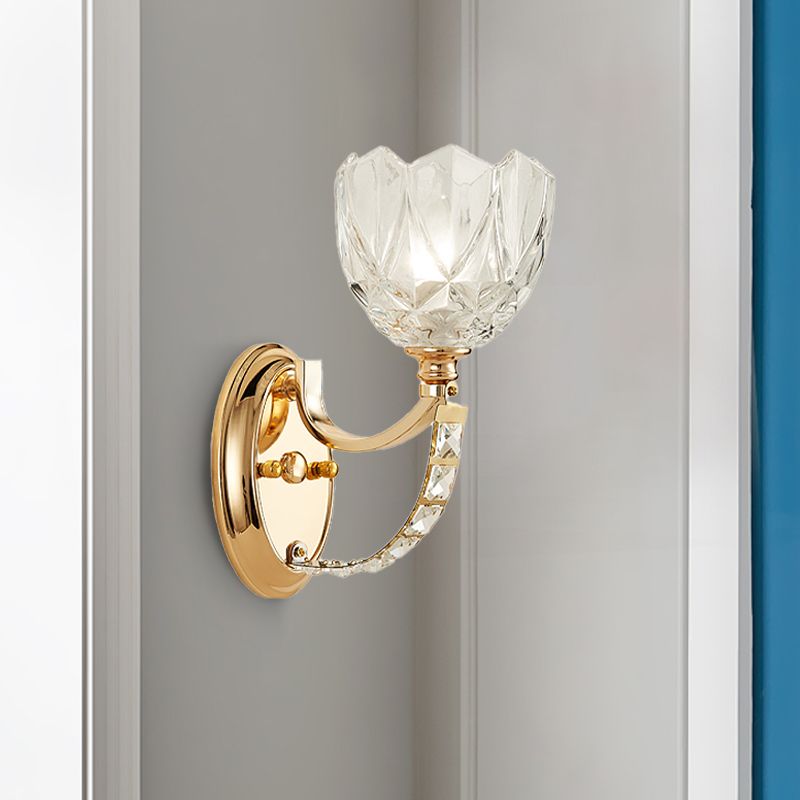 1 Head Bedroom Wall Light Modern Brass Sconce Light Fixture with Bowl/Cylinder Clear Glass Shade