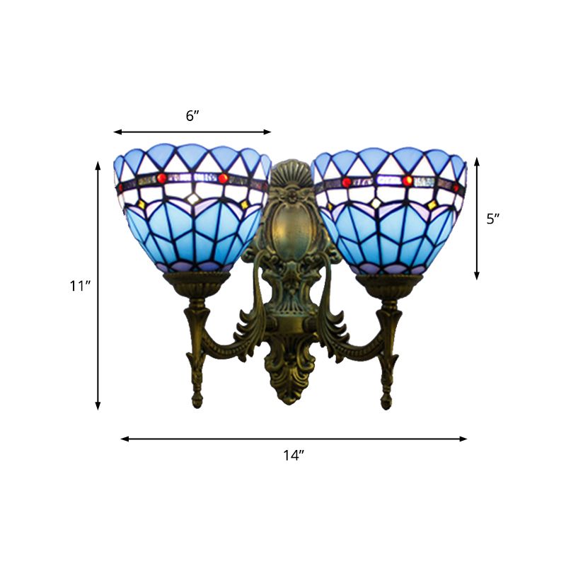 Baroque Bowl Wall Light Fixture Stained Glass 2 Heads Sconce Lighting in Antique Brass for Living Room