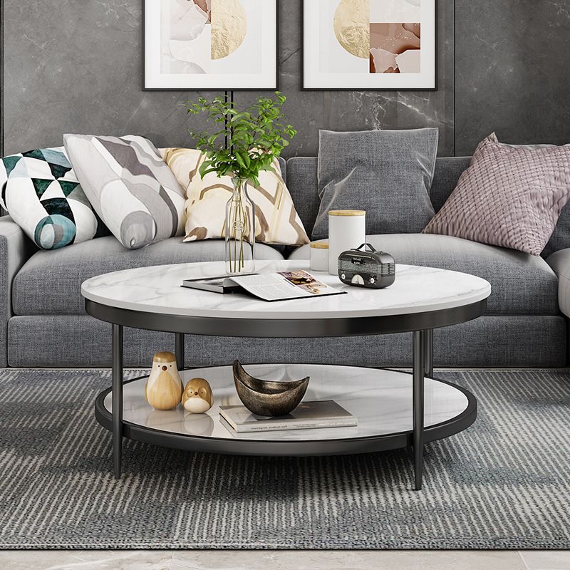 17.7" H Glam Round Slate Coffee Table Metal 4 Legs Cocktail Table with Shelf