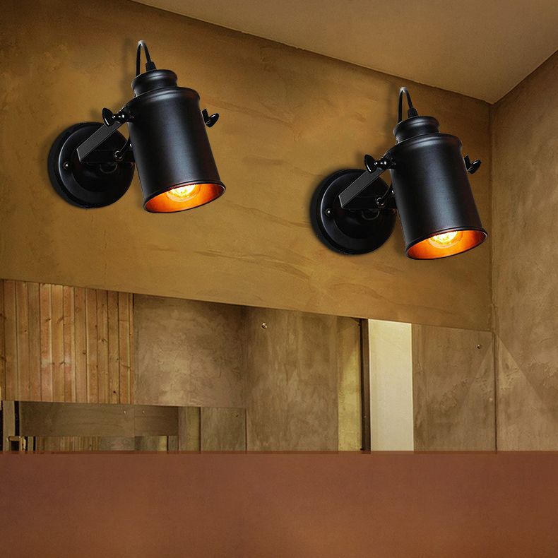 Winkel einstellbarer industrieller Wandlampe 1-Licht Metallzylindrischer Schatten Vintage Leuchten in Schwarz in Schwarz