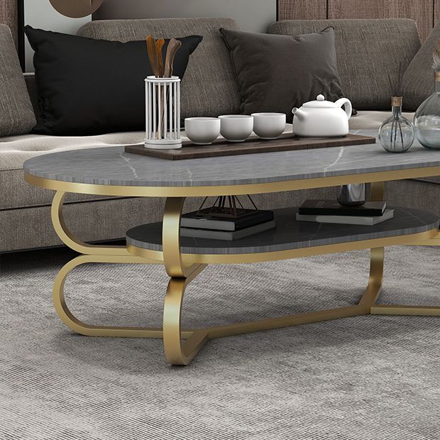 Metal Abstract Base Cocktail Table Oval Slate Top Coffee Table with Shelf